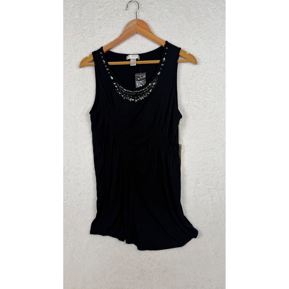 Kenar Tank Top Women XL Black Beaded Neck Ruched Sleeveless Viscose Blend New